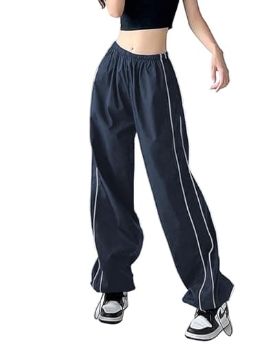ZAFUL Womens Parachute Pants Y2K Wide Leg Cargo Sweatpants Drawstring Waist Jogger Pants with Pockets 3-Navy Blue M - Image 1