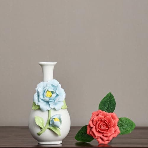 Handmade Pinched Flowers Ceramic Vase with One Ceramic Rose Flower, Home Decor Ceramic Vase for Dining Table, Living Room, Kitchen, Bedroom, Shelf, Office, Coffee Table, Restaurant & Fireplace Mantel