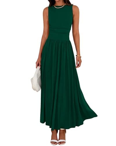 BTFBM Summer Maxi Dresses for Women 2026 Spring Sleeveless Casual Ruched High Waisted Long Sundress Flowy Beach Dress(Dark Green, Large) - Image 1