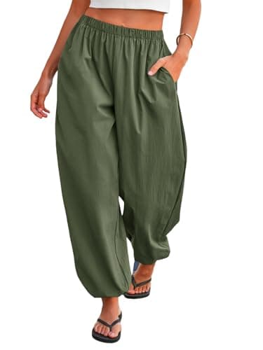 Tankaneo Womens Balloon Pants Trendy Casual Elastic Waist Wide Leg Harem Pants Baggy Pleated Lantern Trousers Army Green - Image 1