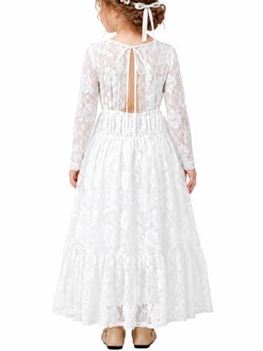 ALLOVIN Toddler & Girls Long Sleeve Lace Flower Girl Dress Maxi Boho A-Line Dress for Wedding Baptism 1st Communion | White | 6-7Y - Image 1