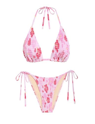 seamoly Women Bikini Sets Halter Neck Smocked Two Piece Swimsuit Sexy High Cut Cheeky Triangle Bathing Suit Pink Floral L - Image 1
