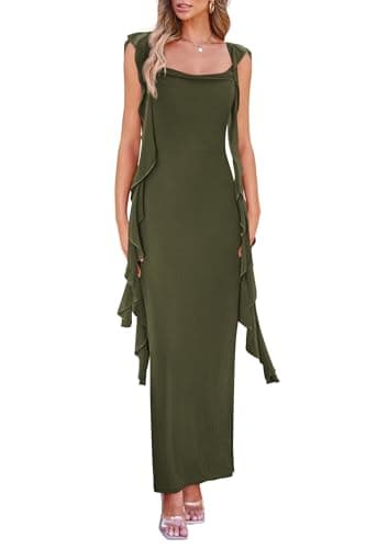 PRETTYGARDEN Women's 2025 Summer Wedding Guest Dress Sleeveless Ruffle Formal Cocktail Party Maxi Bodycon Dresses (Army Green,Large) - Image 1