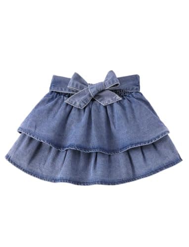 PATPAT Girls Denim Skirt 5-14Y Tiered Ruffle Elastic Waist Skorts Pleated Mini Jean Skirt with Shorts Underneath Light Blue Size 7-8Y - Image 1