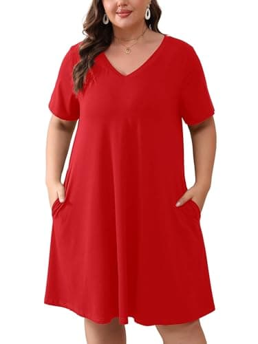 AusLook Plus Size Midi Dress for Women Red 1X Short Sleeve Loose V Neck Summer Casual A Line Knee Length Work Outfit T Shirt 2026 Sundresses with Pockets - Image 1
