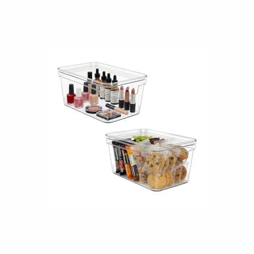 MOONEDGE Small Clear Plastic Storage Bins with Lids and Handles,Stackable Small Item Organizer Containers for Vanity,Craft,Office,Fridge,Kitchen,Pantry,Bathroom,Closet – 2 Pack (10×6×5 in) - Image 1
