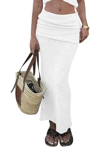 Saodimallsu Womens Beach Cover Up Maxi Skirt Sheer Fuzzy Knit Fold Over Mid Rise 2026 Summer Swimsuit Coverup White - Image 1