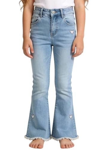 SELINK Girls High Waisted Flared Jeans Heart Embroidery Stretch Denim Pants for Kids 6-15Y Blue 12 - Image 1