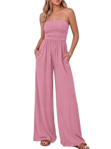 BTFBM Jumpsuits For Women Summer 2026 Beach Vacation Strapless Tube Top Jumpsuit Ruched Casual Wide Leg Pant Rompers(Pink, Large) - Image 1