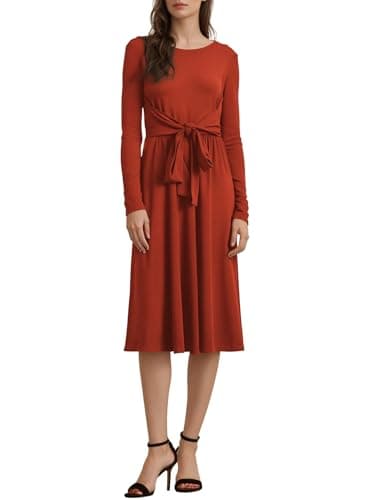 BLENCOT Long Sleeve Dress V Neck Casual Knit Pleated Flowy Fall Winter Outfits Work Midi Maternity Dresses with Pockets Red Clay L - Image 1