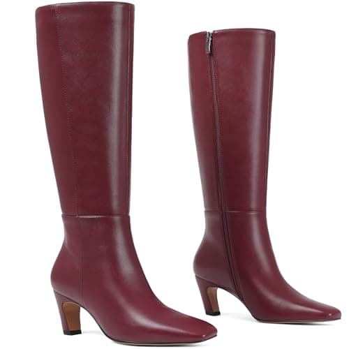Tarkwa Kitten Heel Knee High Boots Women Square Toe Long Tall Boots Faux Leather Low Heel Boot Fashion Dress Casual Elastic Boots with Side Zipper(Burgundy, Size 6) - Image 1