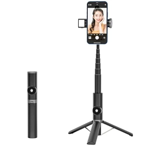 Selfie Stick Tripod Portable Extendable Cell Phone Stand with Detachable Mini Ring Light Phone Tripod Stand with Bluetooth Remote for iPhone Android for Vlogging/Travel/Live Streaming (Black) - Image 1