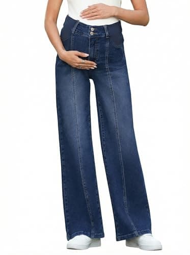 BLENCOT Maternity Jeans Women’s High Waisted Wide Leg Seamed Front Over Belly Stretchy Pregnancy Denim Pants Sail Blue Small - Image 1