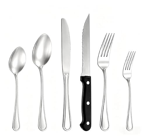 48-Piece Stainless Steel Silverware Set for 8, Mirror Polished Flatware Set with Steak Knives, Silver Cutlery Set for Home, Kitchen & Restaurant Use, Dishwasher Safe - Image 1