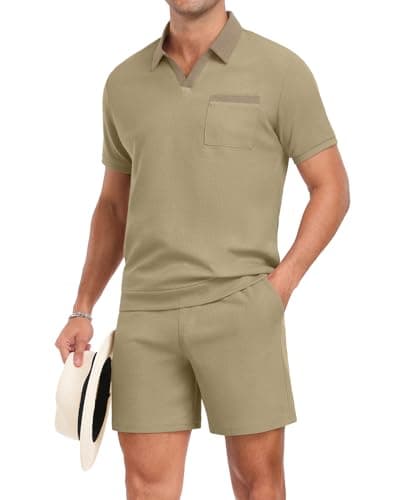 PrinStory Men's Summer Track Suits Waffle Knit Polo Shirt and Shorts Set Casual 2 Pieces Outfits with Pockets Khaki-L - Image 1