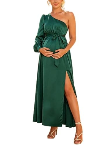Yissang Satin One Shoulder Maternity Maxi Dress Tie Split Baby Shower Dress - Image 1