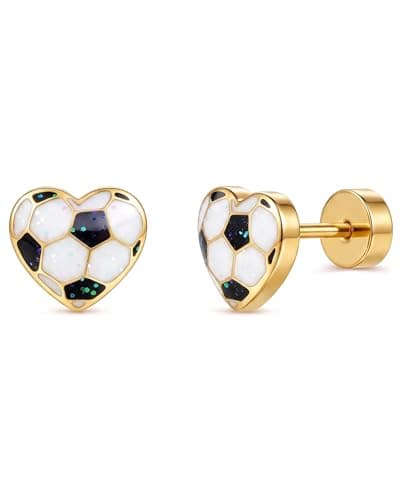 MHWTTY Soccer Stud Earrings,Hypoallergenic 18K Gold Plated Stainless Steel Flat Back Screw on Heart Sports Earrings for Women,Soccer Fan Soccer Mom Jewelry Gift for Sport Day Daily Wear (Gold, Heart) - Image 1
