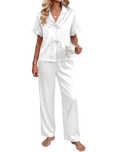 Ekouaer Silk Pajamas for Women 2 Piece Satin Pj Set Ruffle Tie Short Sleeve Sleepwear Comfy Loungewear with Pockets White 2XL - Image 1