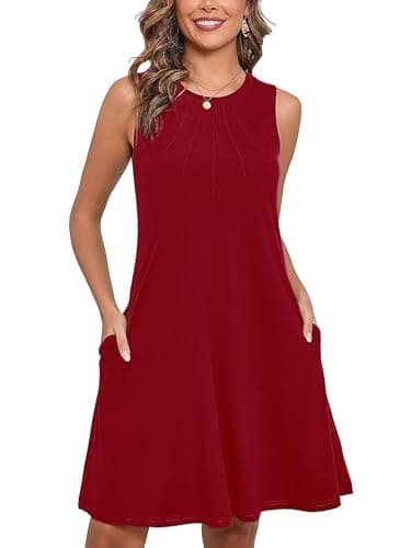 Heymoments Women Summer Dress Burgundy Small Sleeveless Crew Neck Casual Cute Loose Fitting Tank Sundress Comfy Swing Midi Flowy A-line Trendy Beach Vacation Teacher Dresses with Pockets - Image 1