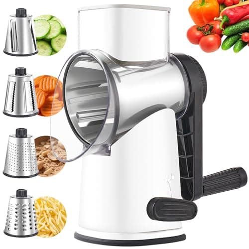 Weltonhm Rotary Cheese Graters with 4 Blades, Hand Crank Cheese Grater with Waffle Slicer, Red, Black and White Cheese Shredder with Suction Base, Easier for Shredding & Grating (White, 4 Graters) - Image 1
