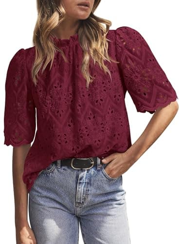 PRETTYGARDEN Summer Tops for Women 2026 Short Sleeve Embroidered Eyelet Shirts Dressy Casual Blouses Spring Fashion Clothes(Wine Red,Large) - Image 1
