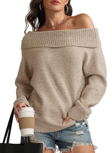 ATHMILE Fall Sweaters for Womens Off The Shoulder Oversized Batwing Sleeve Loose Pullover Winter Outfits Fashion Tops 2026 Khaki - Image 1