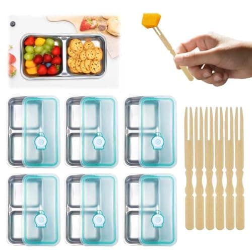 luperasol 6 Pack Stainless Steel Snack Containers with Silicone Lids, Grab and Go Stainless Steel Double Compartment Lunch Box Reusable Home, Travel With 100PCS Mini Bamboo Forks - Image 1
