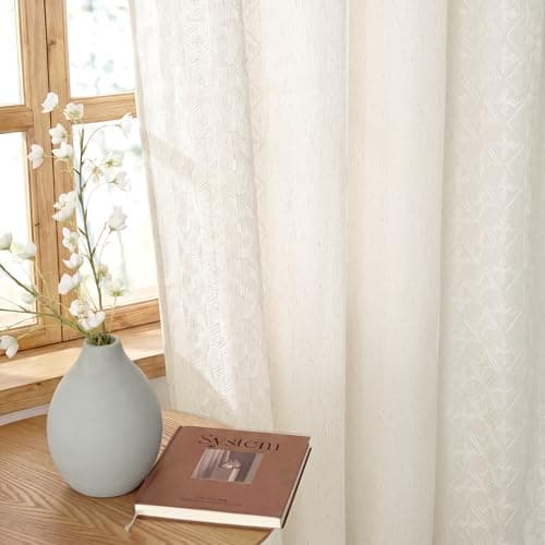 NICETOWN Cream Linen Textured Curtains 84" Long with Ivory White Boho Embroidered for Living Room, Geometric Drapes with Antique Bronze Grommets, Farmhouse Rustic Window Treatments(2 Panels, W52) - Image 1
