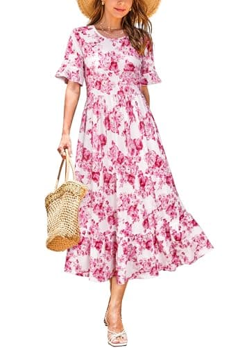STYLEWORD Women's 2026 Summer Casual Short Sleeve Crewneck Boho Dress Flowy Maxi Maxi Beach Vacation Spring Hawaiian Dresses(Floral30,S)