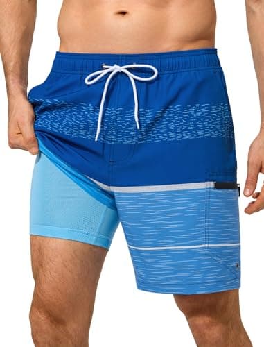 SILKWORLD Mens Bathing Suit Quick Dry Swimming Trunks 2 in 1 Beach Shorts 7 Inch Swimwear, Navy Blue Gradient, Large - Image 1