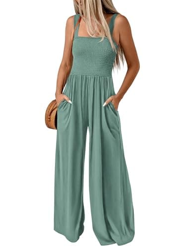 KIRUNDO Womens Jumpsuit 2026 Summer Casual Loose One Piece Overalls Smocked Sleeveless Wide Leg Rompers With Pockets(Light Green, Large) - Image 1