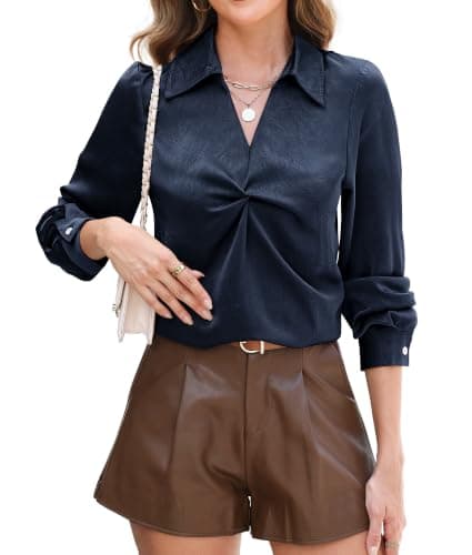 RUMIA Longsleeve Satin Silk Fall Blouses Shirt for Women Business Work Top Navy - Image 1