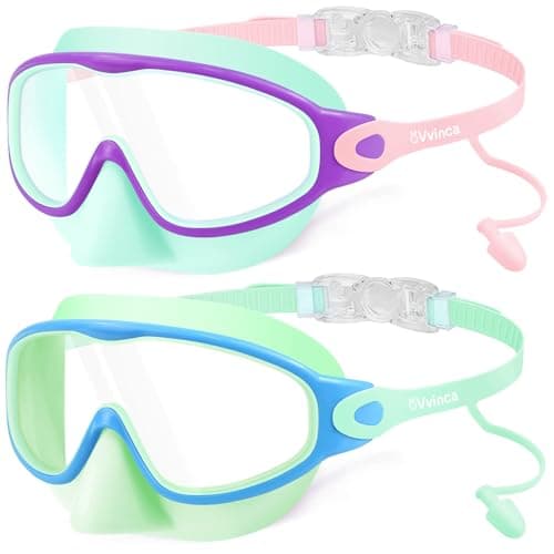 Vvinca Kids Swim Goggles 2 Pack with Nose Cover and Attached Earplugs, Wide View Anti-Fog/UV Swimming Goggles for Age 3-12 Boys Girls, No Leak Pool Water Clear Swimming Goggle for Youth Toddler - Image 1
