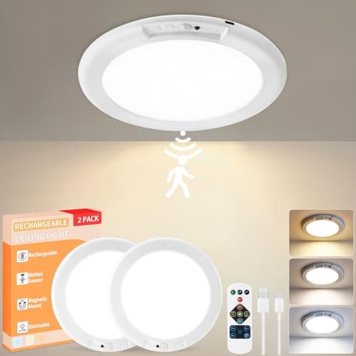 KYEKIO Rechargeable Ceiling Light 2Pack, 3 Color Magnetic Motion Sensor Lights with Remote, Wireless Dimmable Closet Light Battery Operated, LED Lights for Shower Pantry Shed Hallway Porch Stairs - Image 1