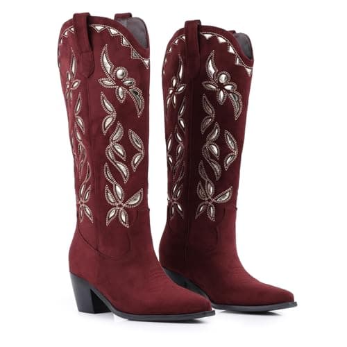LingxiaUne Women’s Western Cowboy Boots – Intricate Floral Embroidery High Shaft Boots with Wooden Heel, Red Size 9 - Image 1