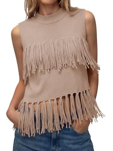 Tankaneo Womens Fringe Knit Tank Tops Summer Trendy Casual High Neck Sleeveless Shirts Boho Loose Fit Sweater Vest Apricot - Image 1