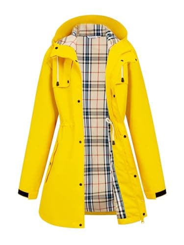 PITINAN Plus Size Lined Rain Jacket Waterproof Trench Coat Women Spring Fall Jackets Cover Hips Anti-Wrinkle Windbreaker Jacket Womens Rain Coat with Hood For Outdoor Activities Yellow XXL - Image 1