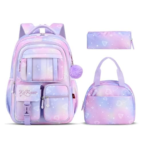 Tanou Backpack with Lunch Box for Girls, Kawaii Set School Bag for Kid Elementary Middle School, Aesthetic Laptop Bookbag Lightweight, Purple - Image 1