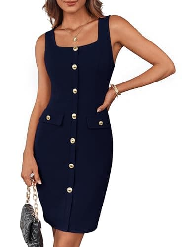 GRACE KARIN Summer Women Dress Business Work Dress Buttons Belted Square Neck Sleeveless Midi Dress Navy Blue M - Image 1