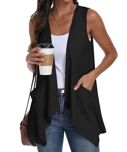 PrinStory Womens Sleeveless Vest Summer Lightweight Casual Irregular Hem Cardigan with Pockets Black M - Image 1