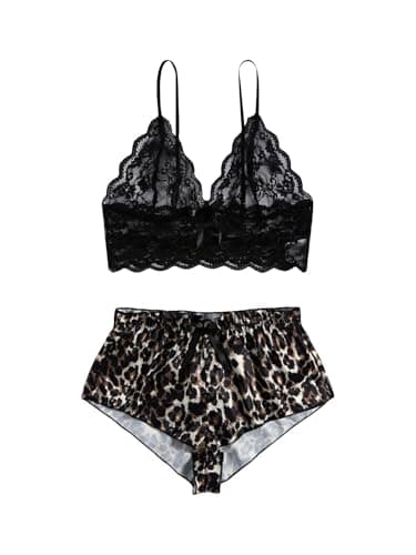 Rigeri Satin Lingerie Cami Pj Sets For Women Floral Lace Bralette Sexy Lingerie For Women See Through Nightwear V Neck Babydoll Negligees Sexy Womens Pajamas Black Leopard S - Image 1
