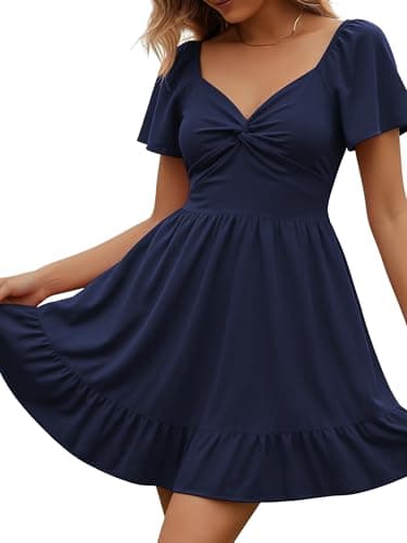 ECOWISH Twist Front Mini Summer Dresses for Women Short Flutter Sleeve Casual Flowy V Neck Tie Back A Line Dress with Pockets 01Navy Blue Small - Image 1