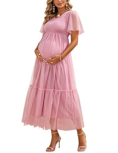 Yissang Maternity Tulle Midi Dress Short Sleeve Smocked V-Neck Tiered Flowy Dress for Baby Shower Pink - Image 1