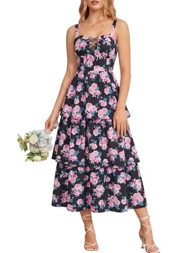 Scarlet Darkness Spring Wedding Guest Dresses for Women 2026 Floral Dress Tiered Long Summer Maxi Dresses Black Pink Rose Size 8 - Image 1
