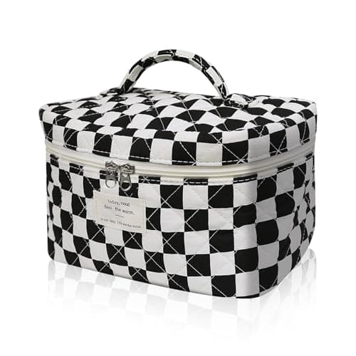 Gosect Large Makeup Bag, Cute Cosmetic Bag for Women Girls, Floral Coquette Aesthetic Toiletry Bag, Travel Make Up Organizer Bag (Black Checkered) - Image 1