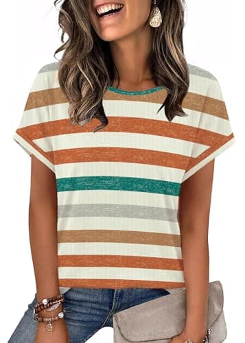 WIHOLL Cute Tops for Women Business Work School Cruise Outfits Beach Vacation Clothes Spring Fashion Clothing Summer Tops Short Sleeve Shirts Blouses Dressy Casual Strip XL - Image 1