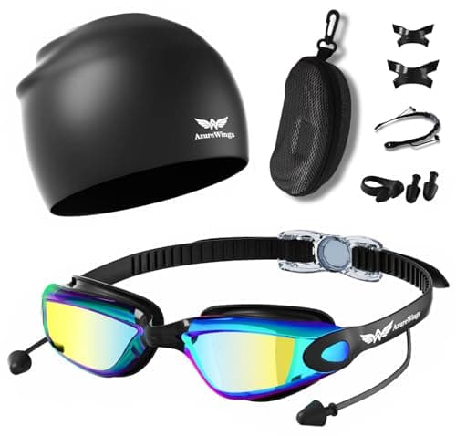 AzureWings 7 in 1 Swim Goggles + Swim Cap for Men Women Kit, Swimming Goggles Adult With Ear Plugs, No Leak Anti-Fog & UV, HD Wide Vision PC Lens - Image 1
