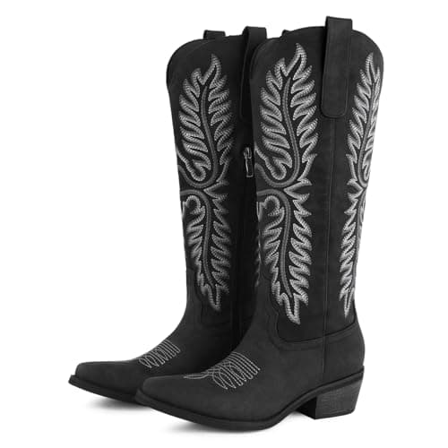 FancyQueen Cowgirl Boots for Women Western Chunky Heel Knee High Pointed Toe Cowboy Boots Vintage Embroidered Comfortable Boots for Ladies - Image 1