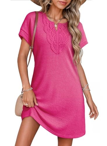 Dokotoo Embroidered Dress for Women Waffle Knit Crochet V Neck Short Sleeve Cover Ups for Swimwear Beach Vacation Outfits Summer Womens Bathing Suit Coverups Hot Pink Dress Medium - Image 1