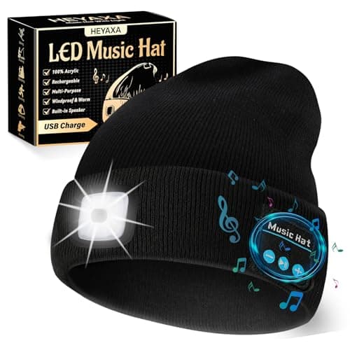 HEYAXA Bluetooth Beanie Hat, USB Rechargeable 4 LED Wireless Music Running Headlamp Cap, Fathers Day Dad Gifts for Husband, Dad, Birthday Gifts for Men, Dad, Father, Women, Him, Her, Black